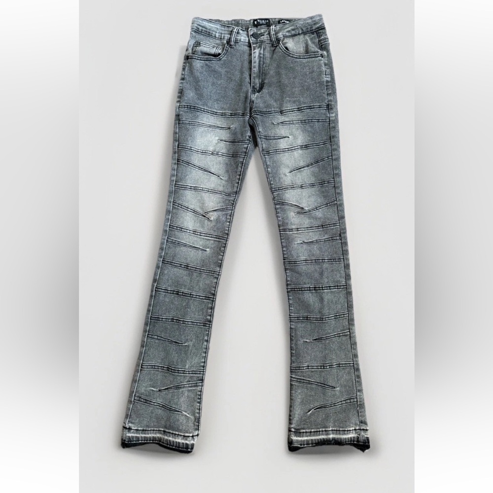 WAIMEA Flare Stacked Black Denim Acid Wash Jeans Mens 28x34